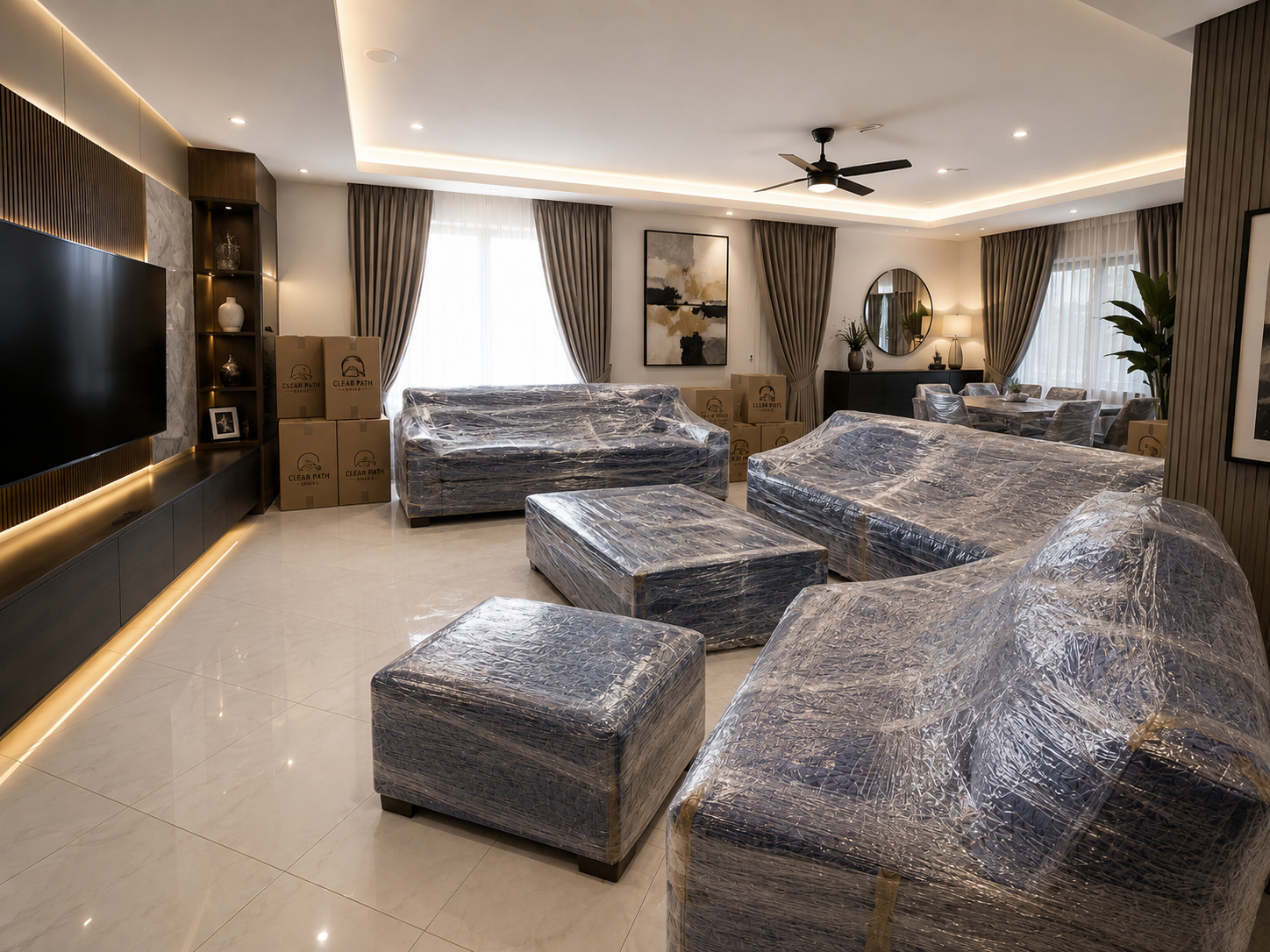 Living room furniture shrink-wrapped and boxed by Clear Path Movers