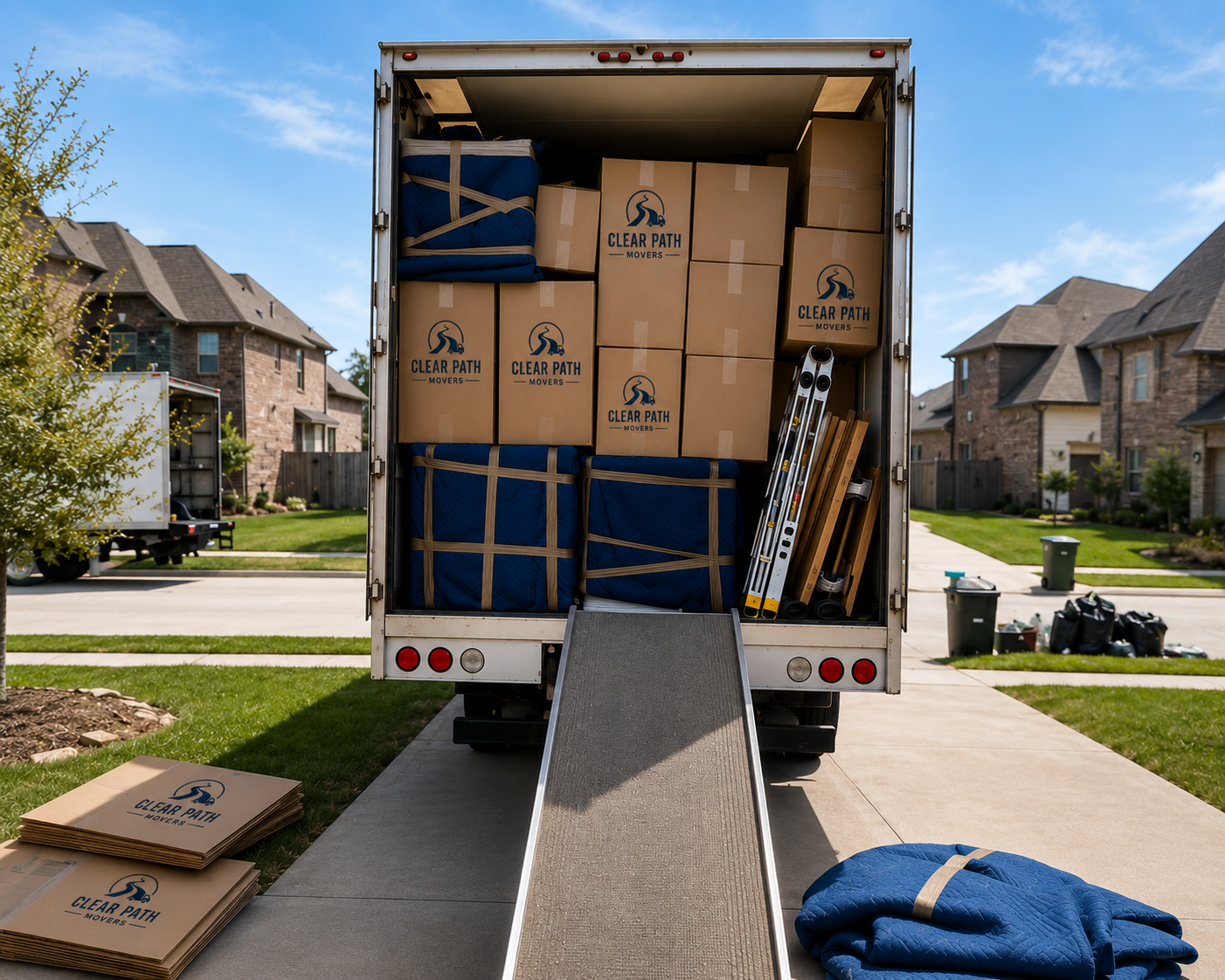 Clear Path Movers truck loaded with branded boxes and padded furniture
