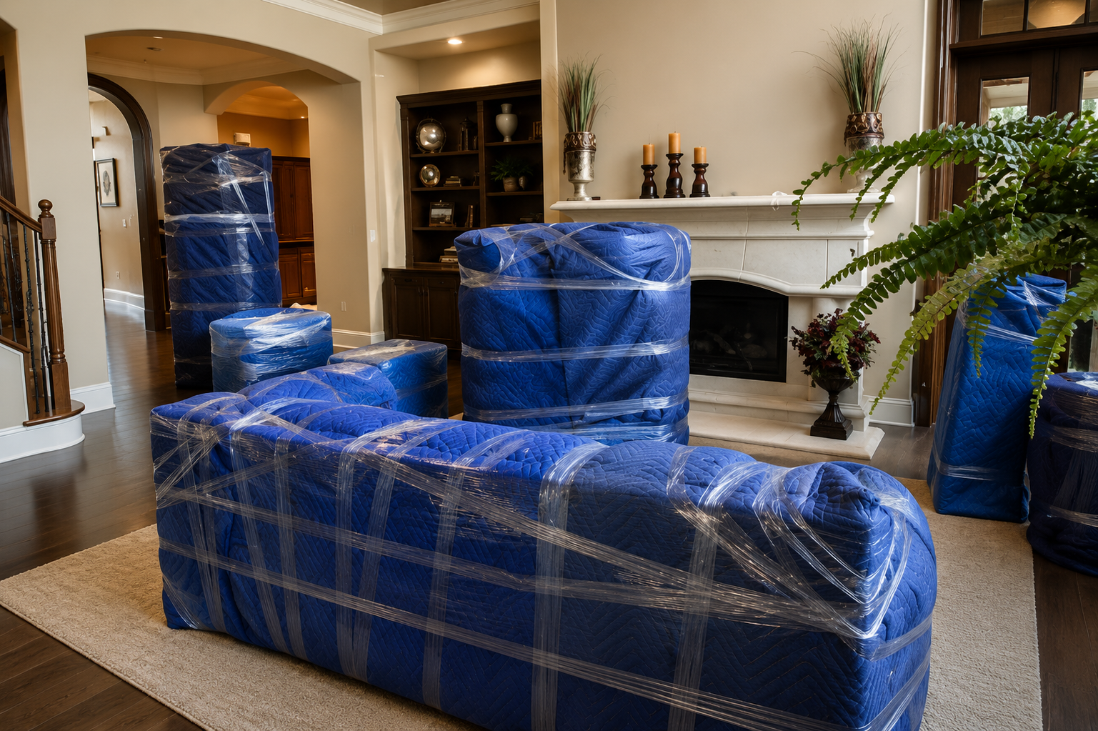 Furniture padded in blue moving blankets and shrink wrap