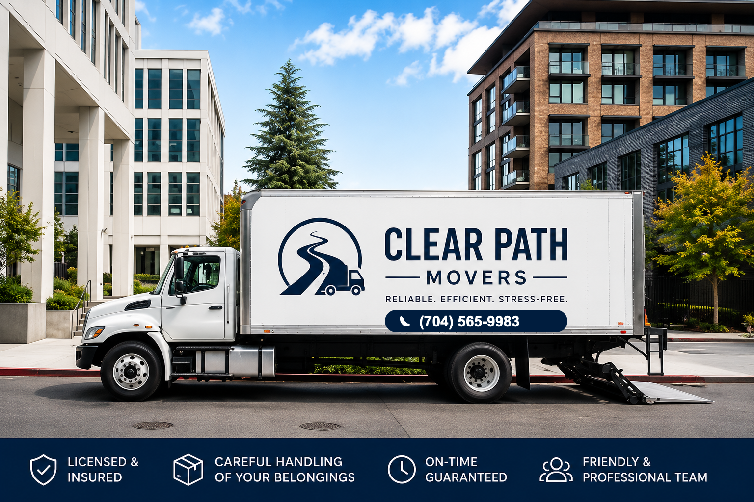 Clear Path Movers branded box truck — licensed, insured, call (704) 565-9983