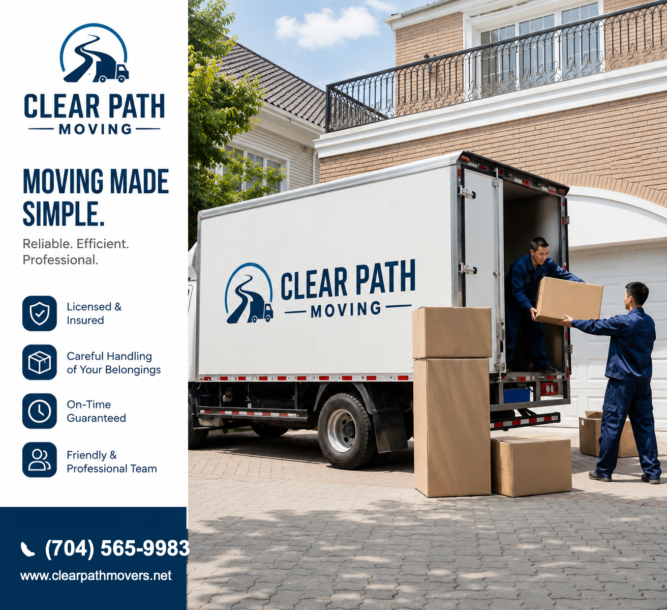 Clear Path Moving truck with crew loading boxes — licensed, insured, on-time, friendly professional team